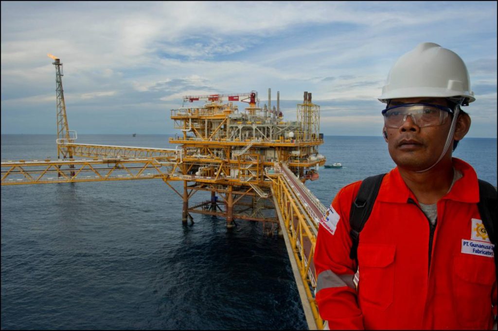 A Myanmar energy worker on an offshore natural gas platform in the Yadana gas field.